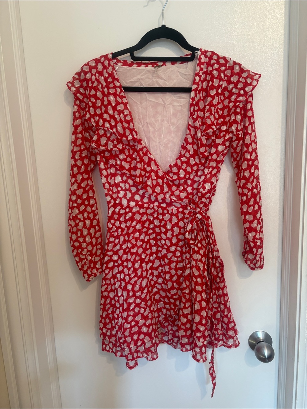 Free People Red and White Long Sleeve Wrap Dress